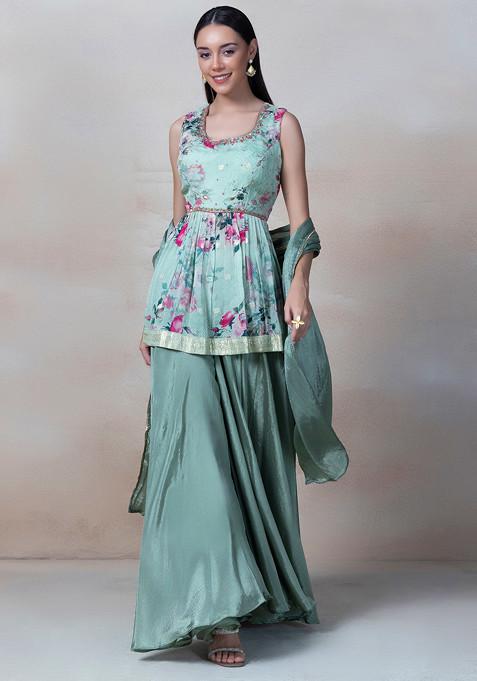 Green Cutdana Embroidered Sharara Set With Floral Print Short Kurta And Dupatta