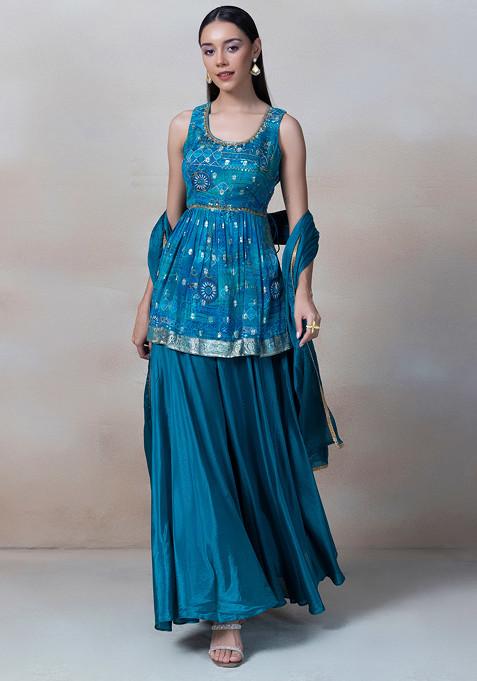 Green Floral Print Sharara Set With Sequin Embellished Short Kurta And Dupatta