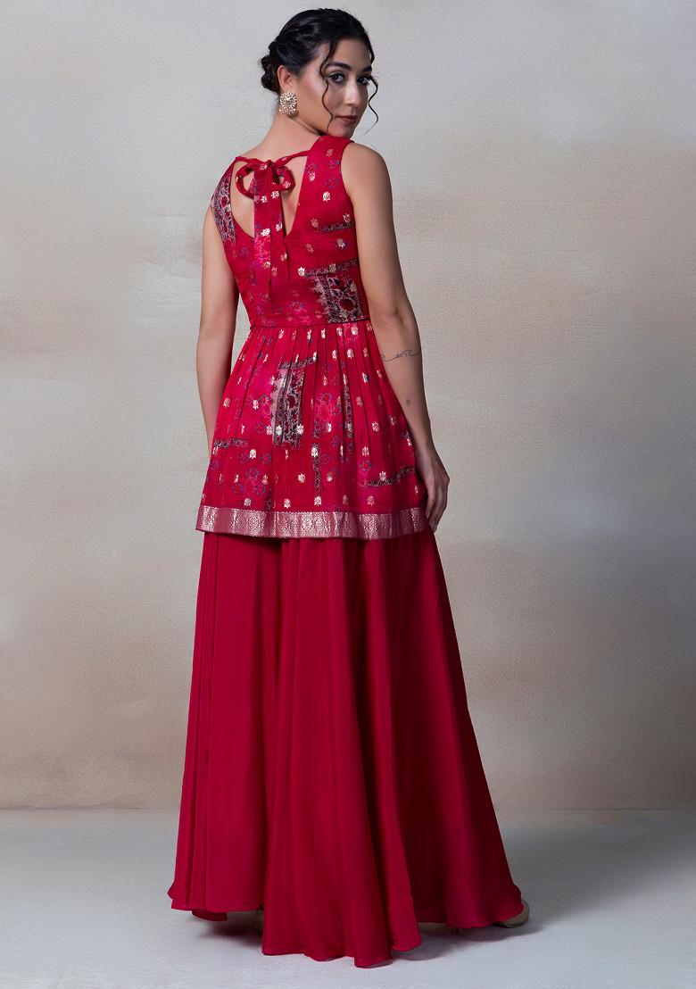 Pink Floral Print Sharara Set With Sequin Embellished Short Kurta And Dupatta