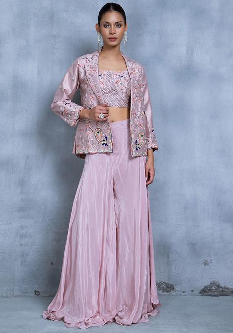 Pink Cutdana Bead Embroidered Sharara Set With Sequin Embellished Blouse And Jacket