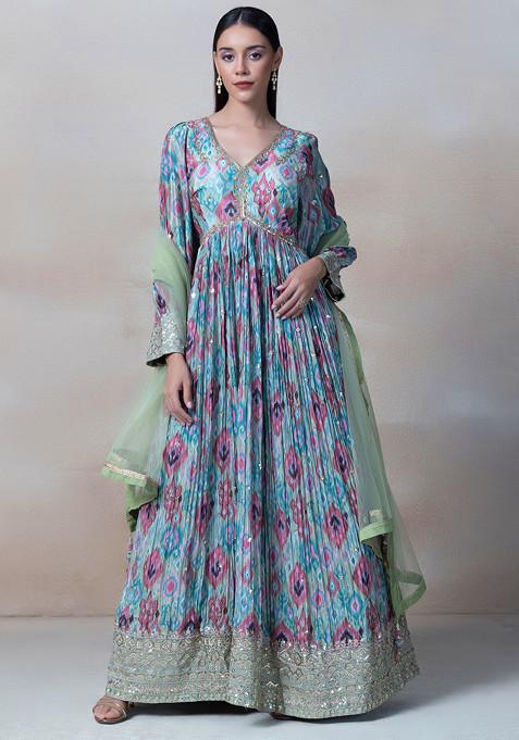 Multicolour Floral Print Sequin Embellished Anarkali Kurta With Dupatta