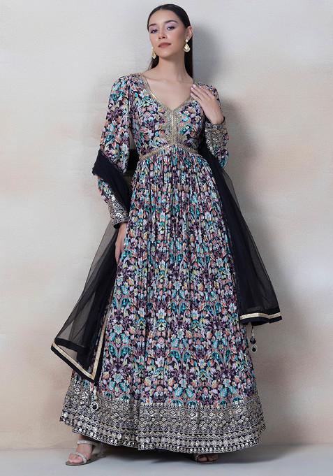 Multicolour Floral Print Sequin Embellished Anarkali Kurta With Black Dupatta