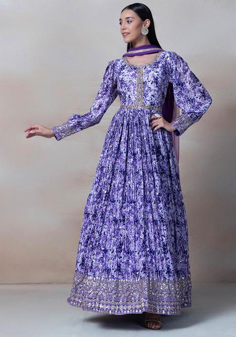 Purple Floral Print Anarkali Kurta With Chiffon Dupatta