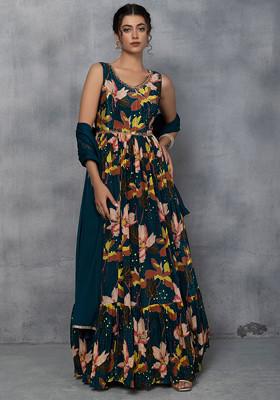 Blue Floral Print Anarkali Kurta With Chiffon Dupatta
