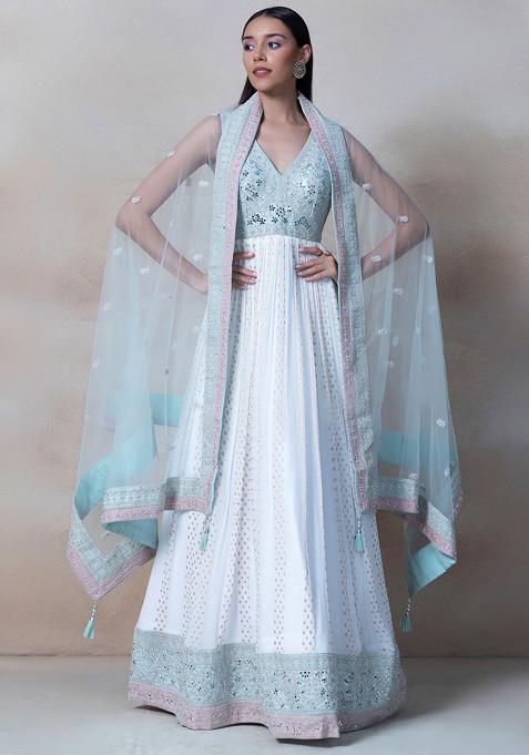 White Mirror Embellished Anarkali Kurta With Sea Green Embroidered Dupatta