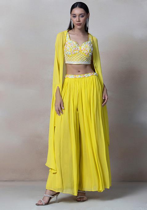 Yellow Bead Embroidered Sharara Set With Sequin Embellished Blouse And Jacket