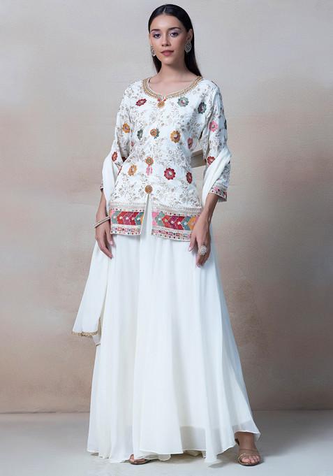 White Floral Embroidered Sharara Set With Zari Embroidered Short Kurta And Dupatta