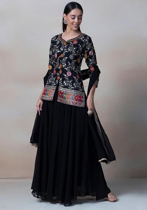 Black Floral Embroidered Sharara Set With Zari Embroidered Short Kurta And Dupatta