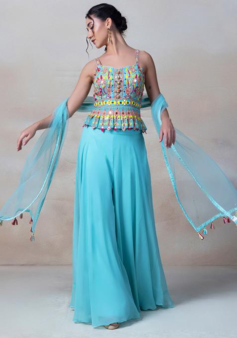 Turquoise Mirror Work Sharara Set With Sequin Embellished Blouse And Mesh Dupatta