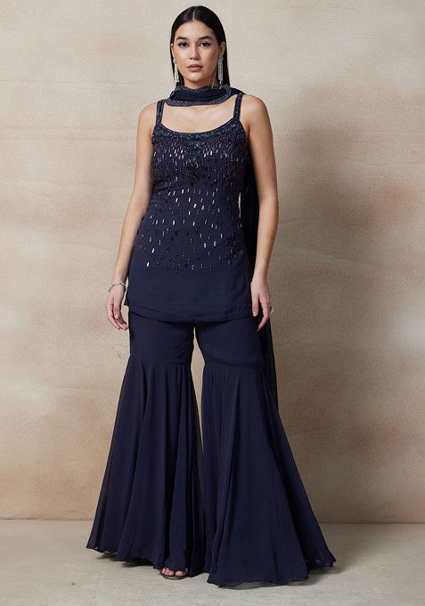 Navy Blue Sharara Set With Sequin Embellished Short Kurta And Dupatta