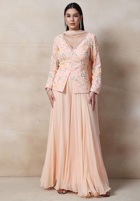 Peach Sharara Set With Sequin Bead Embellished Blouse And Chiffon Dupatta