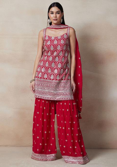 Red Zari Sequin Embroidered Kurta Set With Embroidered Palazzo And Dupatta