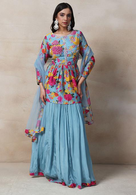 Blue Skirt Set With Floral Print Embellished Short Kurta And Dupatta