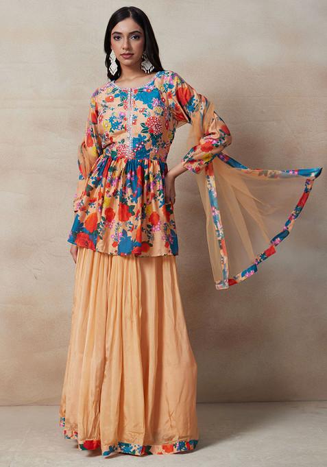 Peach Skirt Set With Floral Print Embellished Short Kurta And Dupatta