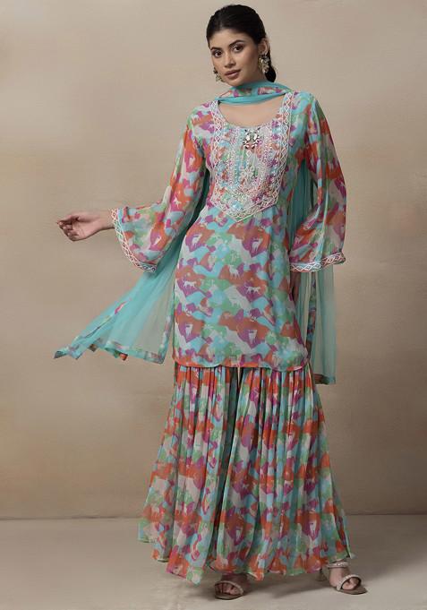 Multicolour Printed Sharara Set With Animal Print Embellished Kurta And Dupatta