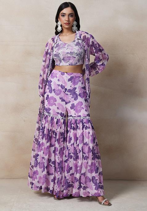 Purple Floral Print Sharara Set With Sequin Embellished Blouse And Printed Jacket