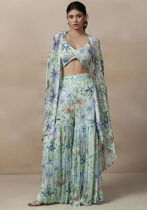 Green Printed Sharara Set With Floral Print Blouse And Jacket