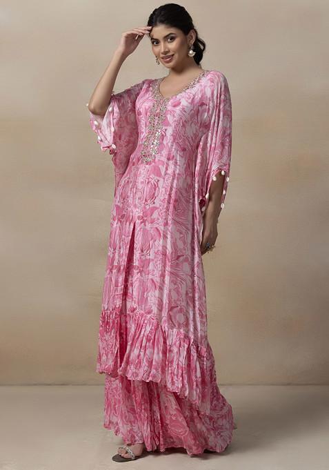 Pink Floral Print Sharara Set With Mirror Embellished Kaftan