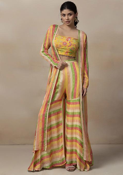 Yellow Printed Sharara Set With Embellished Blouse And Jacket