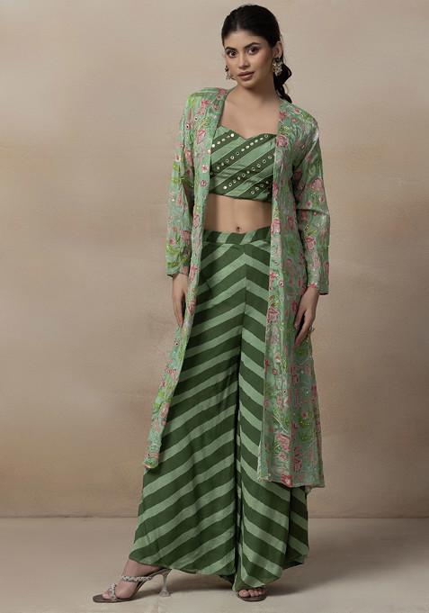 Green Printed Sharara Set With Embellished Blouse And Jacket