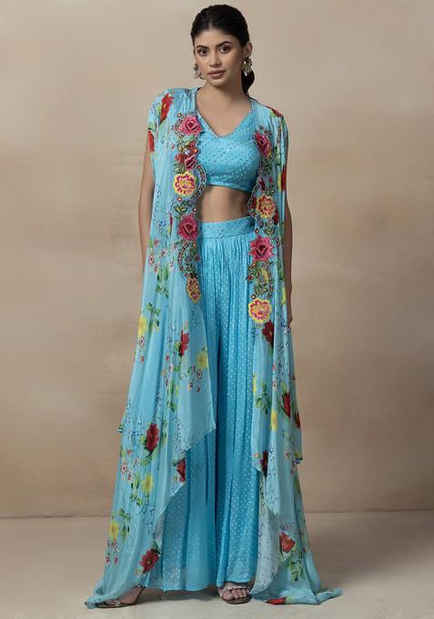 Blue Printed Sharara Set With Bead Embellished Blouse And Jacket