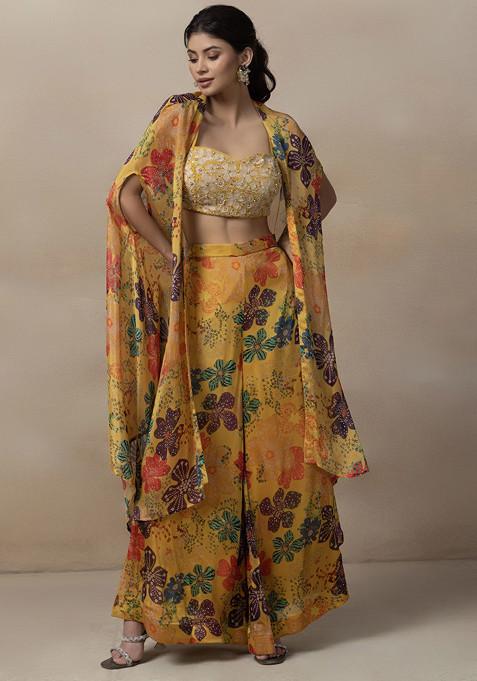 Yellow Floral Print Jacket Set With Bead Embellished Blouse And Printed Palazzo