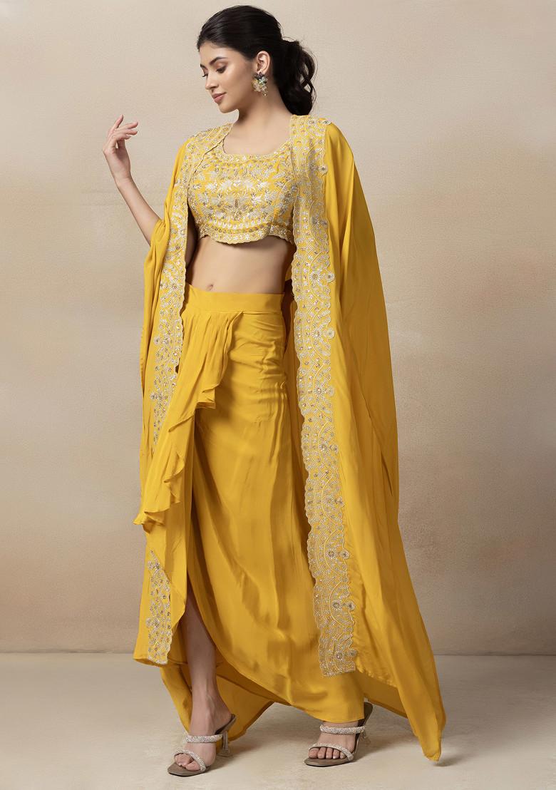 Yellow Skirt Set With Floral Zari Embroidered Blouse And Jacket