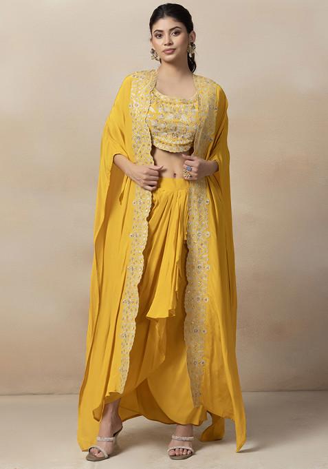 Yellow Skirt Set With Floral Zari Embroidered Blouse And Jacket