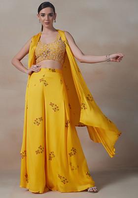 Yellow Printed Jacket Set With Embellished Blouse And Palazzo