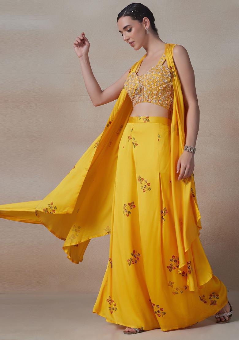 Yellow Printed Jacket Set With Embellished Blouse And Palazzo