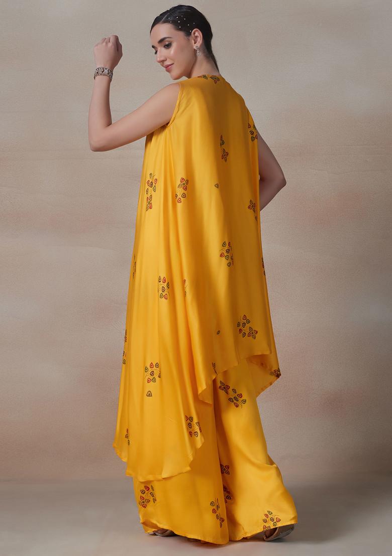 Yellow Printed Jacket Set With Embellished Blouse And Palazzo