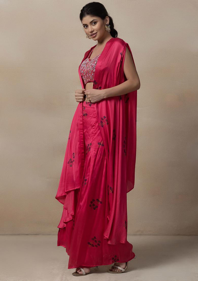 Pink Printed Jacket Set With Cutdana Embellished Blouse And Printed Palazzo
