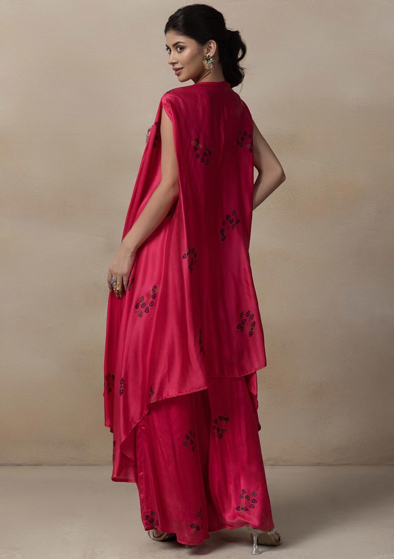 Pink Printed Jacket Set With Cutdana Embellished Blouse And Printed Palazzo