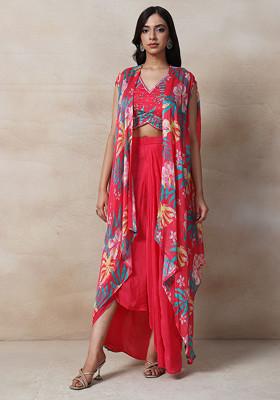 Pink Embroidered Jacket Set With Sequin Embellished Blouse And Draped Skirt