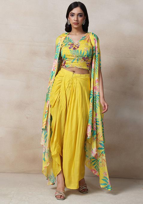 Yellow Embroidered Jacket Set With Sequin Embellished Blouse And Draped Skirt