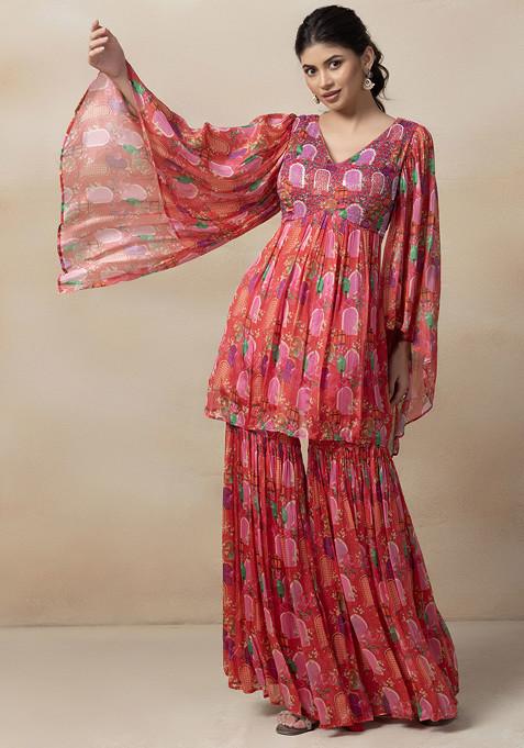 Red Printed Sharara Set With Cutdana Embellished Kurta