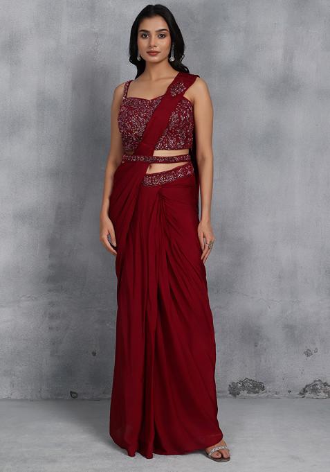 Maroon Pleated Skirt And Blouse Set With Embellished Belt And Attached Dupatta