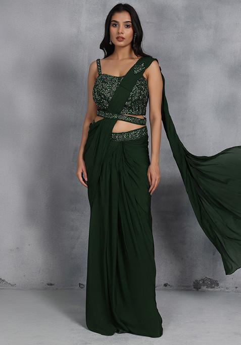 Green Pleated Skirt And Blouse Set With Belt And Attached Dupatta