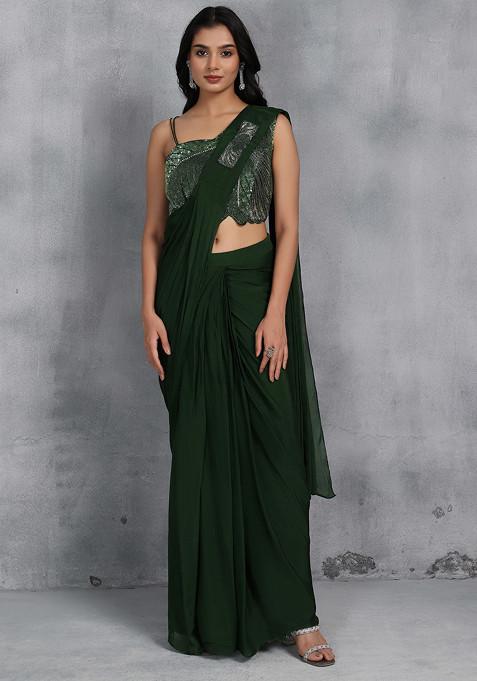 Green Draped Skirt Set With Sequin Embellished Blouse And Dupatta