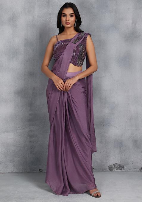 Purple Draped Skirt Set With Sequin Embellished Blouse And Dupatta