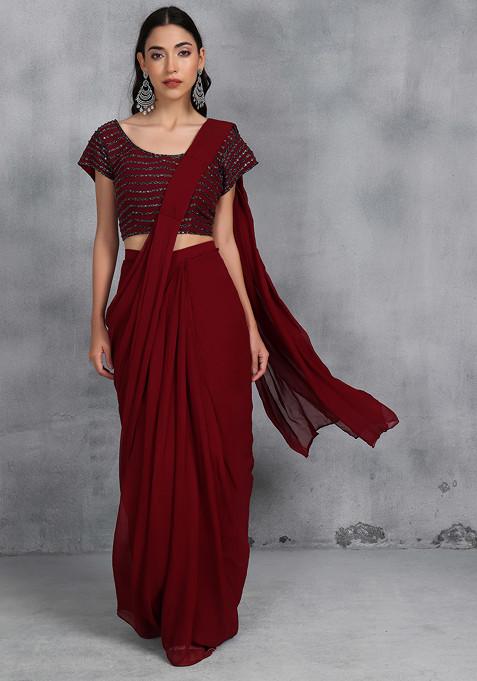 Maroon Cutdana Embellished Sharara Set With Sequin Embellished Blouse And Attached Dupatta