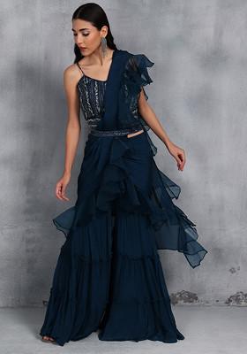 Teal Blue Sharara And Blouse Set With Attached Dupatta And Sequin Embellished Belt