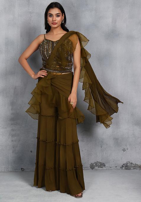 Olive Sharara And Blouse Set With Attached Dupatta And Sequin Embellished Belt