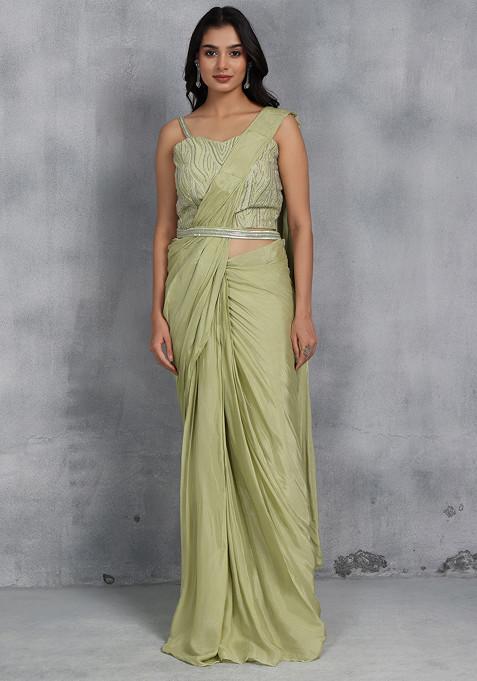 Lime Green Draped Skirt And Blouse Set With Bead Embellished Dupatta And Belt