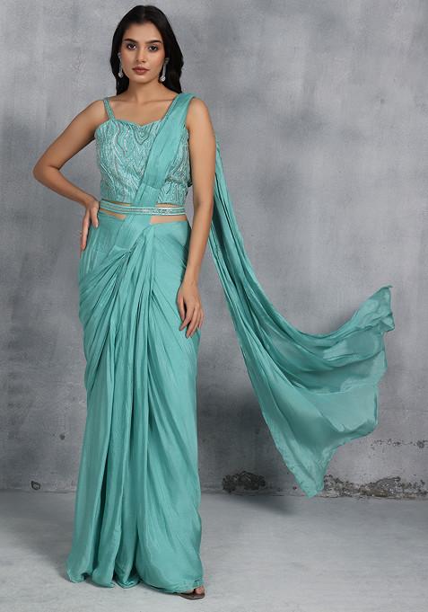 Sea Green Draped Skirt And Blouse Set With Bead Embellished Dupatta And Belt