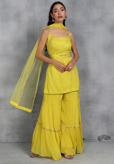 Yellow Sharara And Kurta Set With Embellished Dupatta And Belt