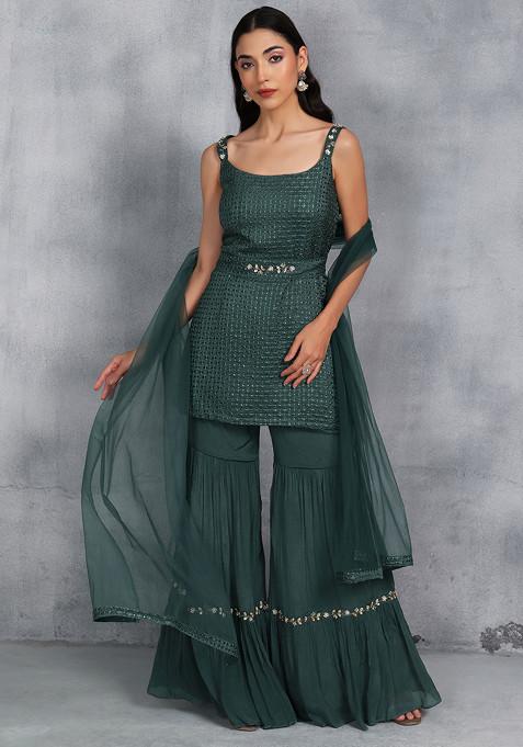 Green Sharara And Kurta Set With Embellished Dupatta And Belt