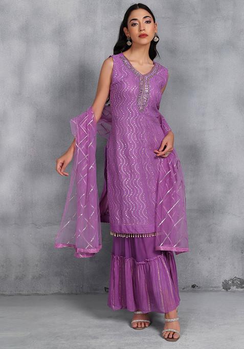 Purple Sharara Set With Sequin Embellished Kurta And Embellished Dupatta