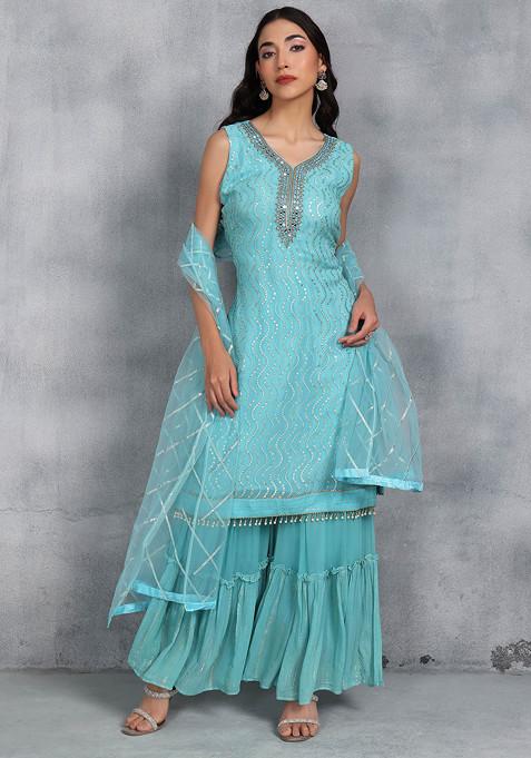 Sea Green Sharara Set With Sequin Embellished Kurta And Embellished Dupatta