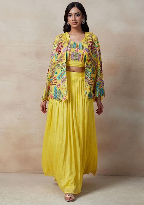 Yellow Embroidered Jacket Set With Floral Embroidered Blouse And Pleated Skirt